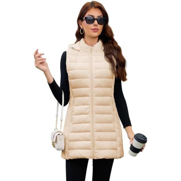 Long Puffer Vest for Women with Hood Beige - Picture 1 of 6